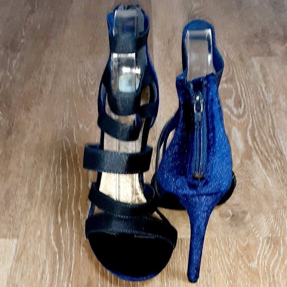 Ann Marino Navy Blue Suede 4'" open toe heels - Picture 2 of 5